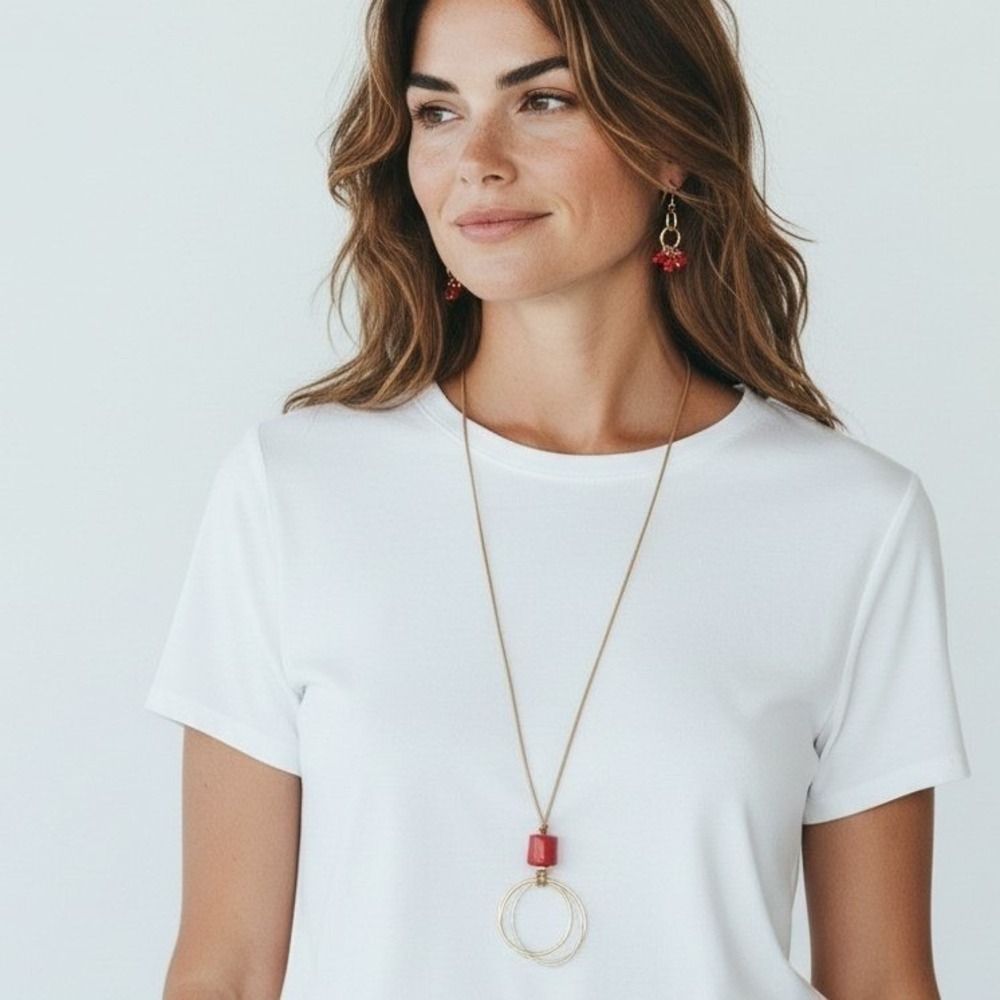 J Jill Boho Gold tone‎ Red Stone Pendant Necklace Hoop Dangle Earrings Set NWT